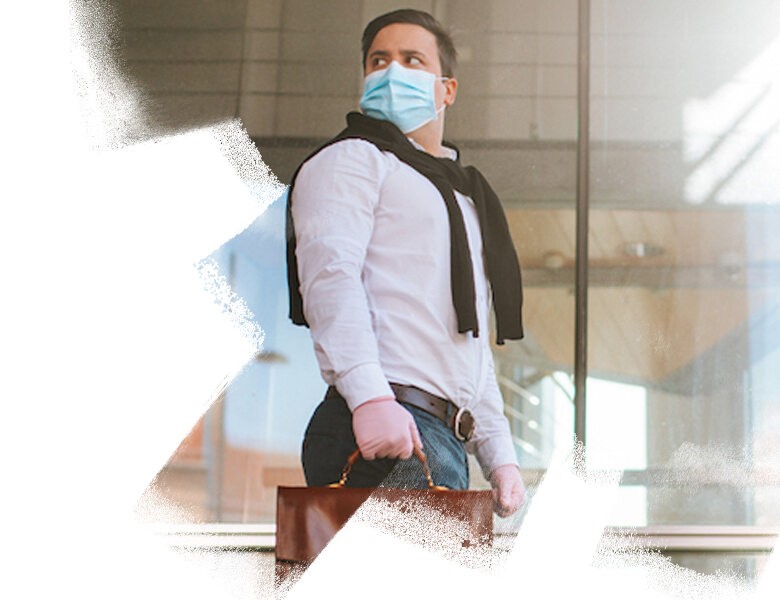 Man going to office wearing face mask and gloves during COVID-19